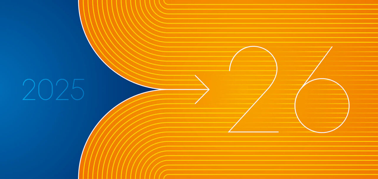2025 change into 2026 with orange yellow line art design numbers on blue orange background. Concept of new year transition.