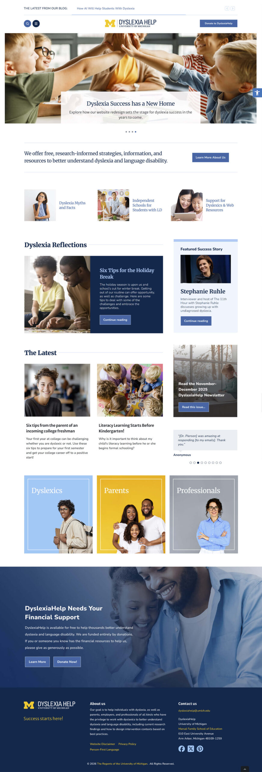 Screenshot of the redesigned DyslexiaHelp homepage.