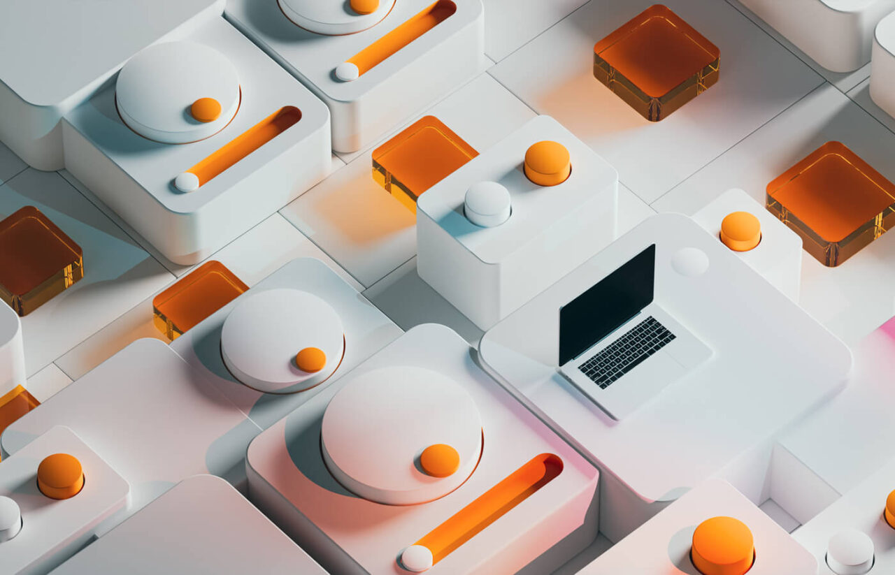 Abstract technological 3D scene featuring laptop and button console.