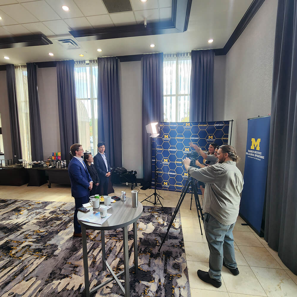 WTW/InMotion video team captures a Tauber student team interview during the Spotlight! event in September, 2025.