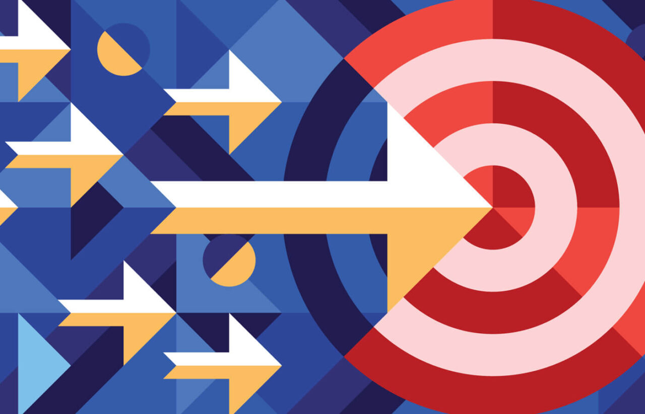 Abstract illustration of multiple arrows converging on a red target, symbolizing marketing goals, strategy, and performance measurement.