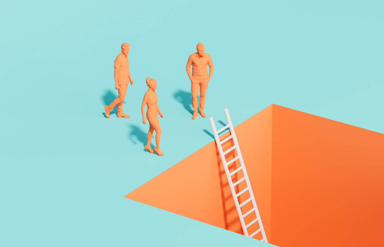 Minimalist illustration of three people standing beside a large pit with a ladder descending into it, symbolizing projects that become difficult to finish, decision paralysis, or challenges in reaching completion.