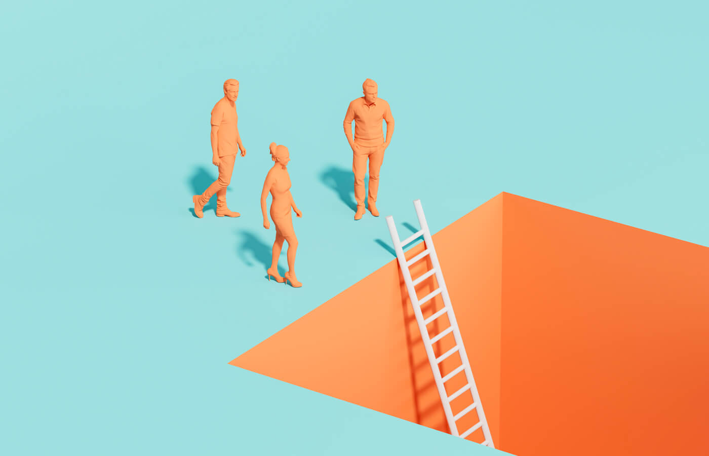 Minimalist illustration of three people standing beside a large pit with a ladder descending into it, symbolizing projects that become difficult to finish, decision paralysis, or challenges in reaching completion.