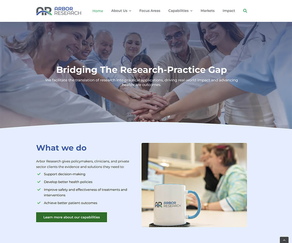 Image of the current homepage for Arbor Research.