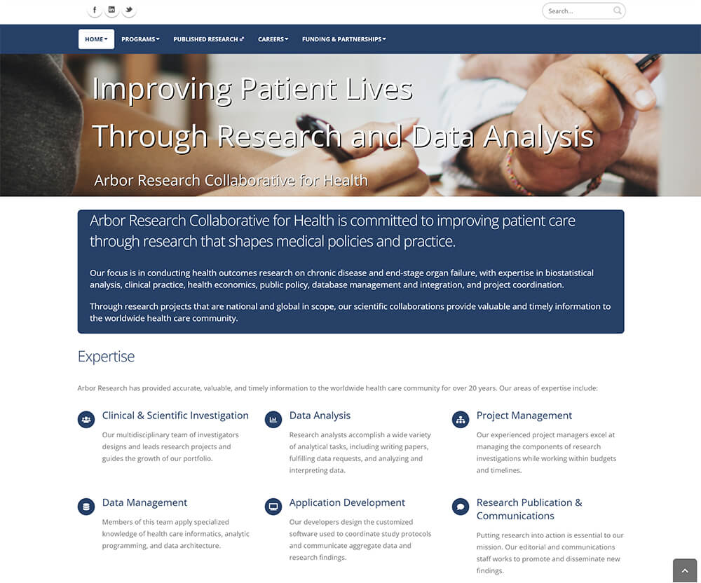 Image of the former homepage for Arbor Research