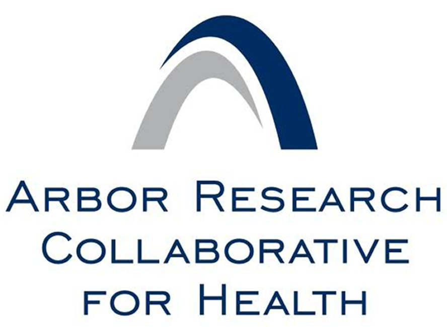 Arbor Research legacy logo. Logo is comprised of two interlocking arches in navy and gray, atop the centered words Arbor Research Collaborative for Health.