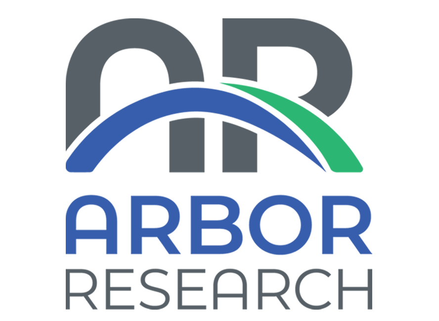 Arbor Research current logo. Logo is comprised of a grey AR with an arch comprised of royal blue and green segments forming the cross element for the two letters, atop the centered words Arbor Research.