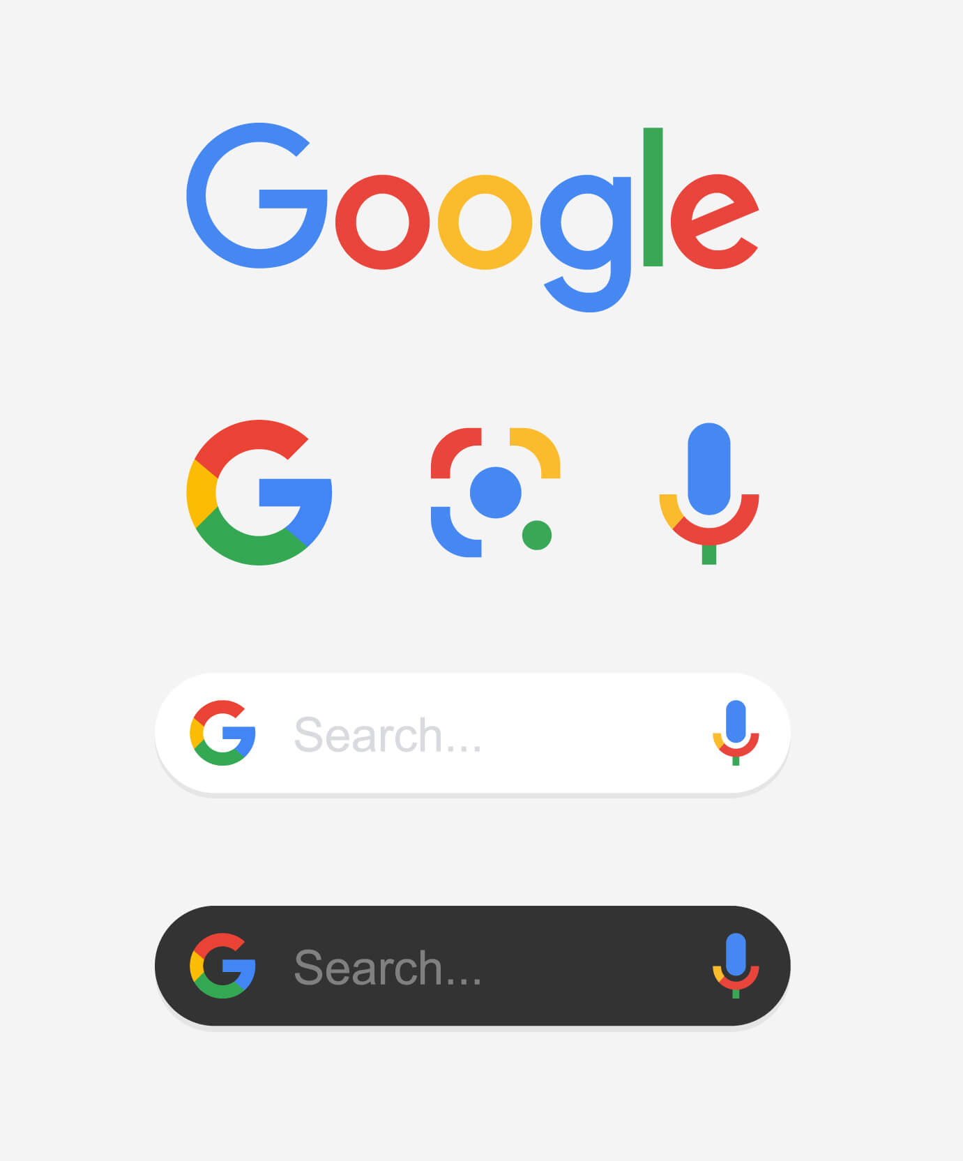 Google's modern logo, app icons, and search interface shown together, illustrating how the company refreshed and expanded its visual identity while maintaining its recognizable colors and design language.
