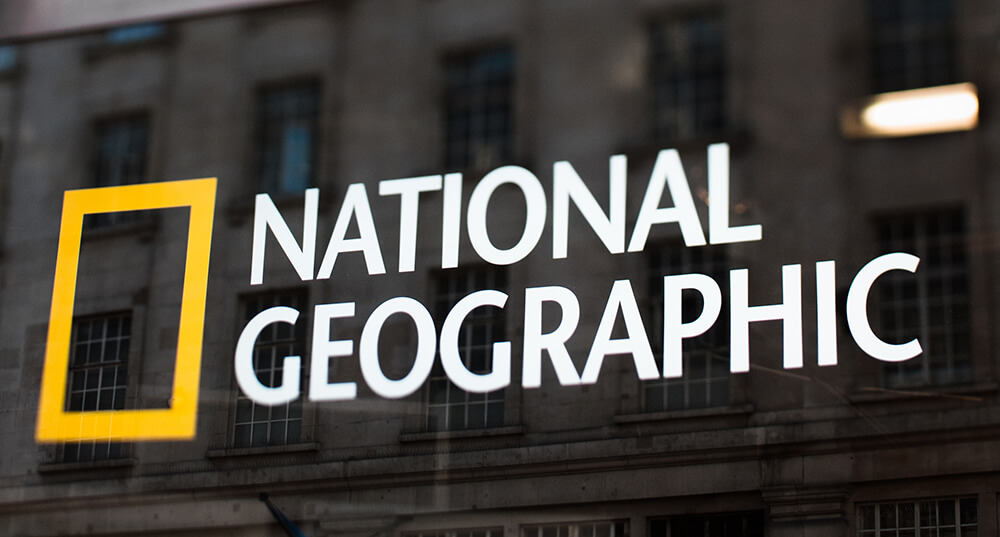 National Geographic's modern logo displayed with its signature yellow rectangular frame, illustrating how a simple magazine cover border evolved into one of the world's most recognizable brand symbols.
