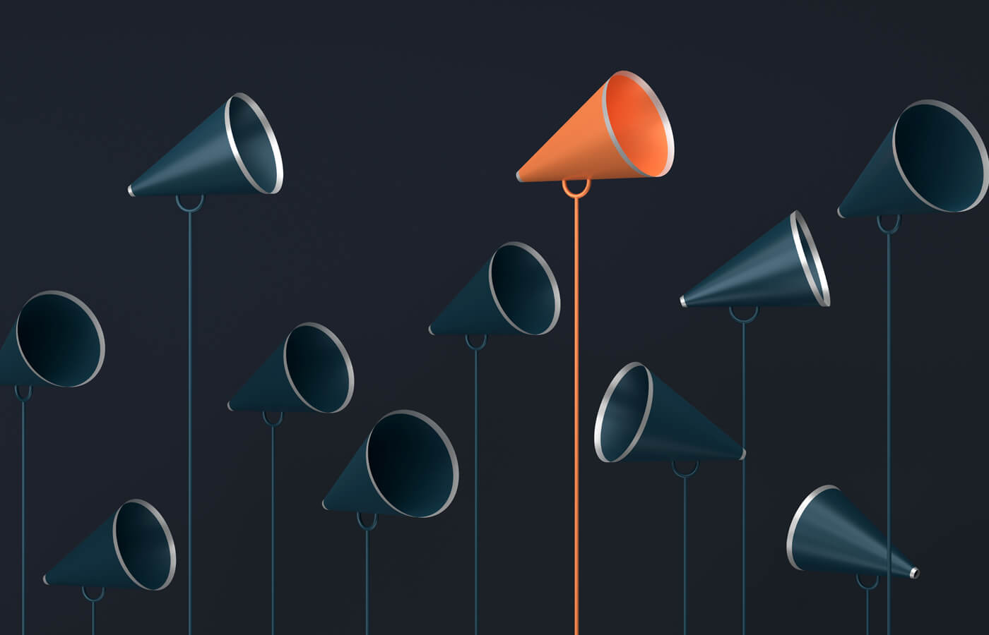 Abstract illustration of megaphones, with one bright orange megaphone standing out from the crowd.