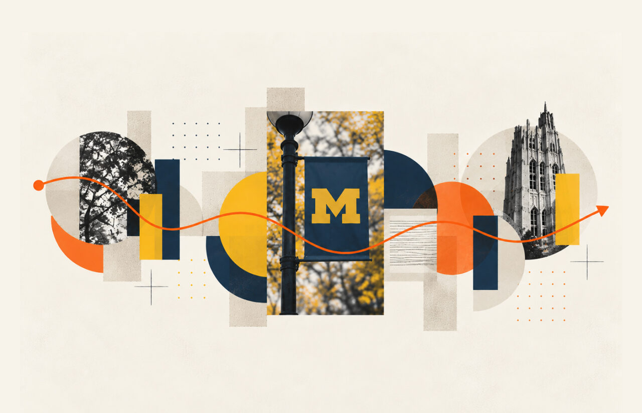 Abstract collage featuring University of Michigan campus imagery, maize and blue geometric shapes, and an orange path connecting the composition.