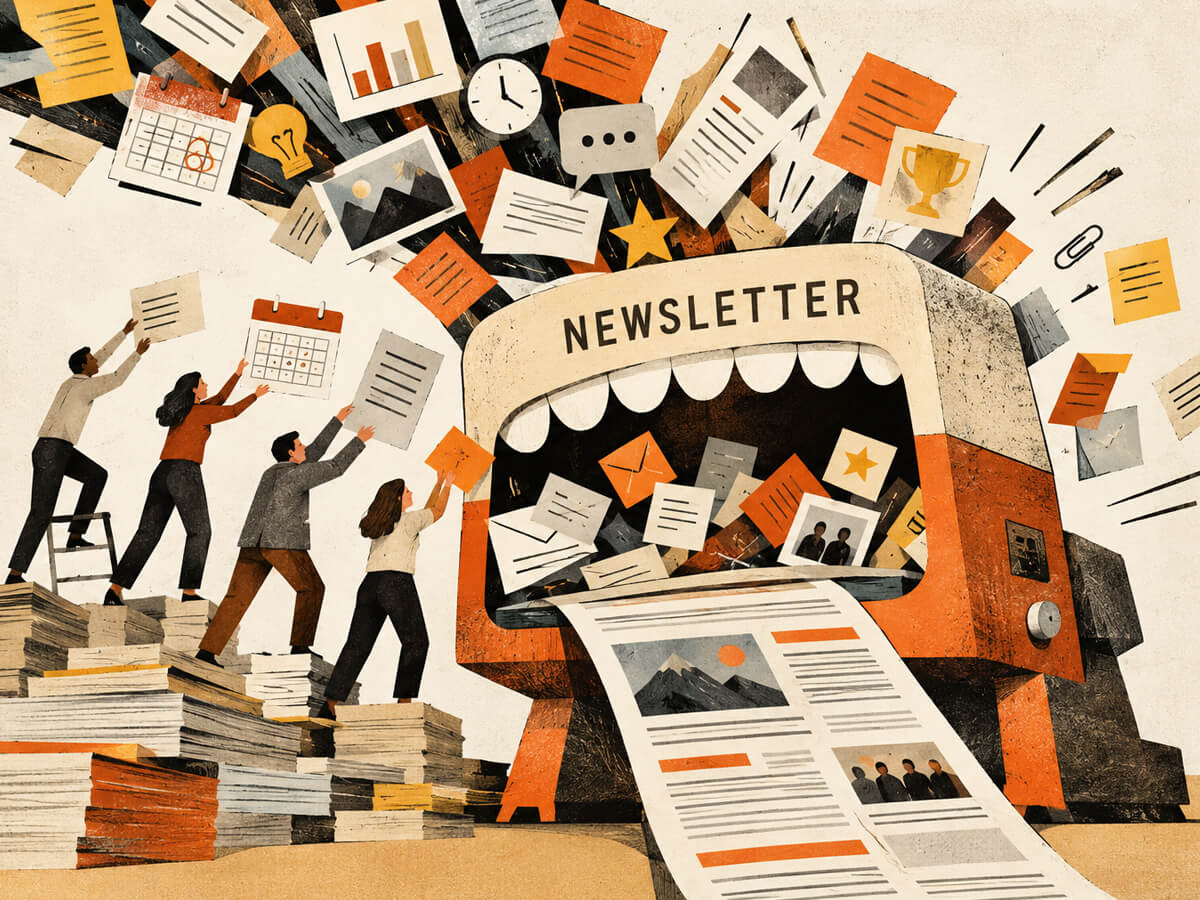 Retro-style illustration of people feeding announcements, calendars, and documents into a giant newsletter machine with an open mouth, producing an overstuffed newsletter.